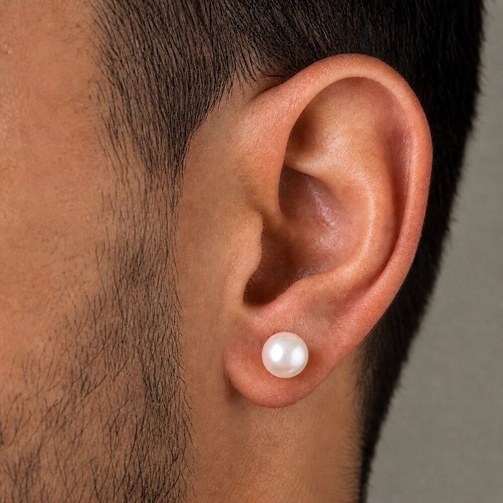 Men’s Large Freshwater Pearl Stud Earrings Silver Tone - 9-10mm